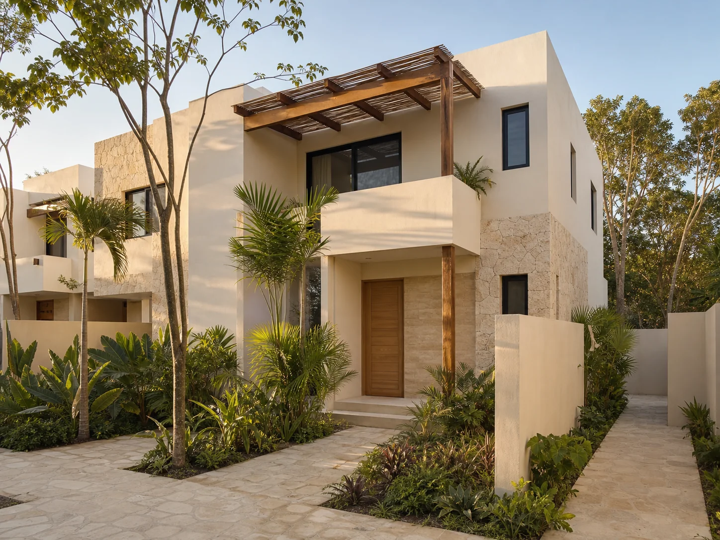 Fachada contemporánea del Modelo Lantana en la Riviera Maya